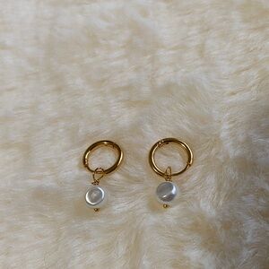 Sezane Gold Hoop Earrings with Pearl Charm